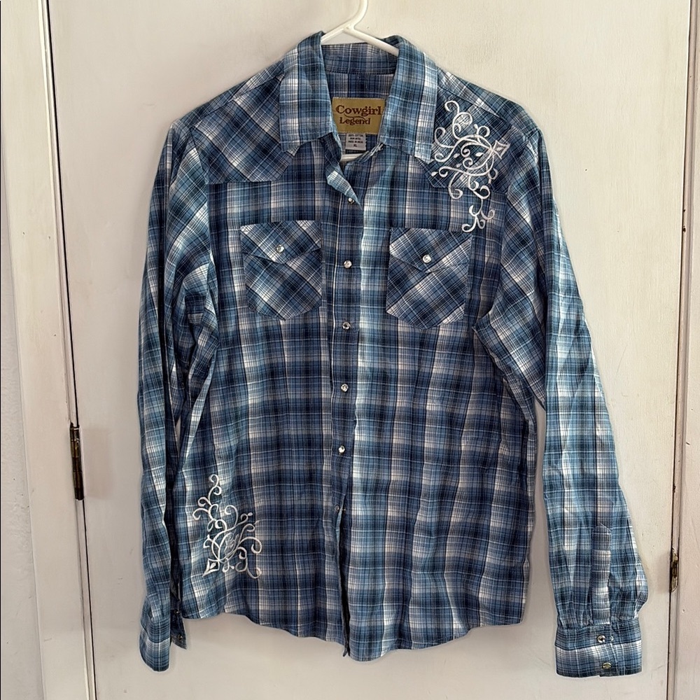 Cowgirl Legend blue plaid long sleeve embroidered button down western shirt SzXL